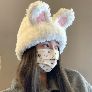 韩国可爱毛绒兔耳朵帽子女秋冬保暖针织帽护耳，显脸小冷帽包头帽潮