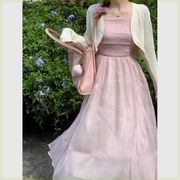 温柔风粉紫色吊带连衣裙女套装夏季防晒长袖开衫压褶收腰显瘦长裙