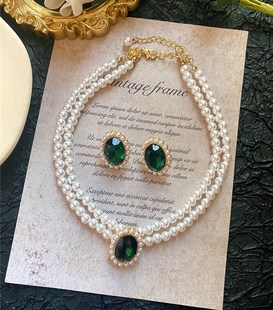 欧美古董宫廷风vintage复古气质，椭圆绿宝石珍珠短款项链锁骨链女
