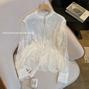新中式国风真丝上衣女夏薄款高级感欧根纱，高端刺绣白色衬衫防晒服