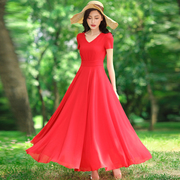连衣裙女2024夏修身(夏修身)雪纺大摆红裙，v领气质长裙波西米亚沙滩裙