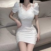 气质性感假两件短袖露肩，吊带连衣裙女装夏季韩版褶皱紧身包臀短裙