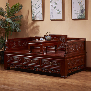 新中式榆木罗汉床小户型两用实木沙发床复古储物罗汉床榻客厅家具
