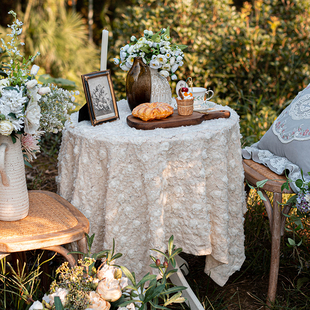 法式复古蕾丝桌布立体绣花ins田园餐桌布纯色茶几长方形台布盖布