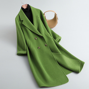 羊毛大衣女中长款2023秋季气质宽松高级感竹绿色双面羊绒毛呢外套