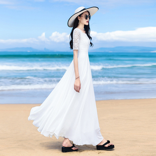 2024夏季白色雪纺蕾丝五分，袖大摆连衣裙波，西米亚沙滩长裙及踝