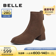 百丽显瘦时装靴2023冬季女靴子加绒羊皮高跟中筒靴BSA60DZ3
