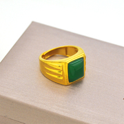 镀24K黄金人工绿宝石戒指男款金镶玉方戒沙金板戒指个性首饰