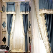 卡汀简约现代美式韩式蓝色高经密客厅，卧室窗帘拼接花边盘绣纱