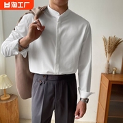 新中式立领衬衫男长袖白色免烫衬衣伴郎上衣2023年商务休闲风薄款