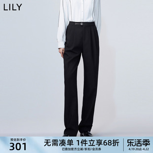 LILY2024春女装商务通勤款复古显瘦高腰垂坠感黑色西装休闲裤