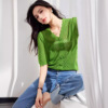 g8370镂空v领清凉针织衫简约气质，牛油果绿中袖t恤薄款设计感上衣