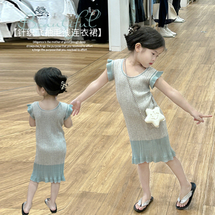 女童针织背心裙夏装，2024韩版洋气儿童飞袖毛线连衣裙女宝长裙