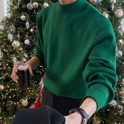 早春绿色圆领套头针织衫毛衣男冬季慵懒宽松美式韩版设计感小众潮