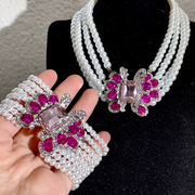 欧美紫色蝴蝶镶钻珍珠项链手链高级感优雅首饰套装时尚重工项饰女