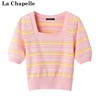 拉夏贝尔/La Chapelle甜美方领条纹短袖针织衫女夏季冰感上衣