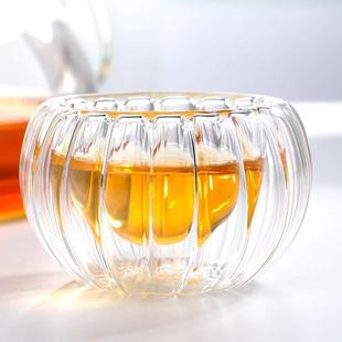 手工玻璃南瓜杯透明双层防烫隔热品茗杯，创意杯子条纹功夫花茶茶杯
