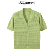 九州诚品jzzdemm镂空翻v领针织短袖开衫，女夏薄款纯色外搭上衣潮