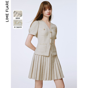 莱茵福莱尔法式V领假两件浅米色连衣裙泡泡袖设计感2024夏季