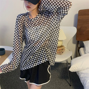 韩版格子撞色长袖T恤女2021夏季圆领宽松薄款防晒衫外穿