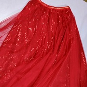 红色半身裙女中长款高腰a字大码显瘦遮胯亮片网纱裙大摆仙女裙