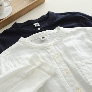 日系经典小立领单口袋(单口袋，)双层纱衬衫百搭文艺，纯色婴儿纱女装上衣衬衫