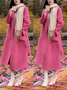 粉色双面羊绒大衣女中长款2022年系带修身显瘦高级感毛呢外套