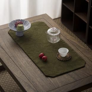 叶屿帆布扎染苔藓绿茶席手工，桌垫中式茶道，复古双层干泡麻布茶盘垫