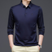 高级感藏蓝色t恤血裇polo衫，30到40岁老爸50南男人长袖秀上衣服装.
