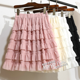 粉色雪纺蛋糕裙半身裙短裙女夏季小个子显瘦a字白色蓬蓬裙子半裙