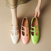 大学中学女生春季女式米白色浅绿色粉色平跟平底浅口真皮单鞋