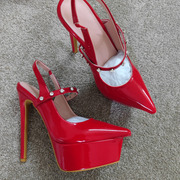 15CM红色漆皮长尖头防水台凉鞋模特走秀高跟鞋小众厚底细跟婚鞋女