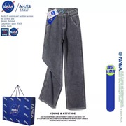 NASA~黑灰色高腰牛仔裤女春秋设计感宽松显瘦复古小个子阔腿裤潮