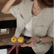 韩国chic春季小众法式小香风格子短袖小外套女显瘦气质百搭开衫