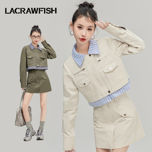 lacrawfish学院辣妹假两件撞色条纹衬衫，拼接工装风夹克短外套女