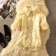 2023夏季娃娃领网纱灯笼袖刺绣碎花衬衫女设计感小众法式上衣