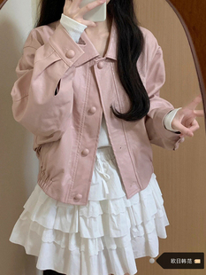大码粉色皮衣外套，女2023秋冬季宽松短款美式甜辣休闲夹克上衣