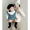 ins2024春季韩版婴幼儿娃娃，领长袖上衣+圆点背带，三角哈衣2件套装