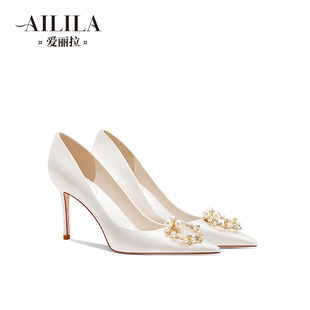爱丽拉绸缎白色婚鞋女2024春季法式水晶新娘，高跟鞋细跟高级感