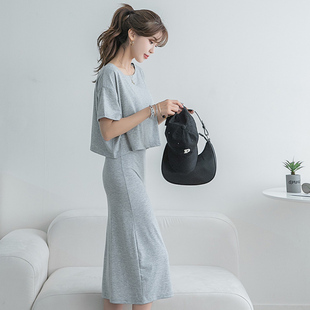 夏季韩版女装时尚纯色两件套装纯棉黑灰色修身显瘦t恤长裙套