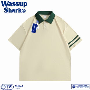 wassupshark美式重磅纯棉条纹，polo衫短袖，t恤男夏季宽松纯色上衣