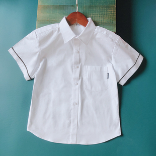 男童短袖白衬衫夏装袖口，黑边口袋标半袖纯棉，学生校服白色衬衣