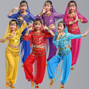 印度舞儿童演出服装天竺少女肚皮舞，印度舞套装，跳舞长袖新疆舞蹈服