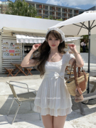 acaine茉莉清欢白色，中长款方领短袖连衣裙女夏季法式气质a字裙子
