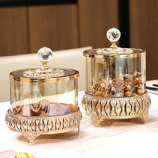 意大利家用轻奢风金色水晶玻璃，带盖装饰储物罐茶几糖果罐装饰摆件