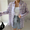 韩版春夏季薄款东大门格子衬衫紫色中长款防晒衣休闲宽松外套衬衣