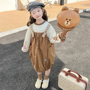 女宝2024春秋款套装卡通长袖韩版儿童女童孩子咖色背带裙两件套潮