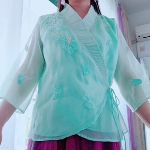 文艺民族风绣花交襟短外套，欧根莎女士七分袖，v领系带百搭上衣紫色