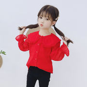 女童衬衫2020春秋大童娃娃领红色衬衣洋气雪纺上衣儿童长袖潮