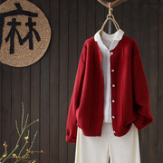 红色毛衣外套女春秋外穿宽松复古单排扣针织开衫慵懒显瘦上衣